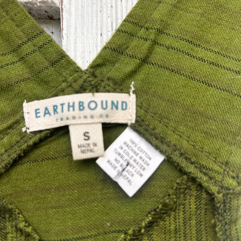 Earthbound Trading Co Olive Green Striped Patchwork Cotton Overalls‎ Small Boho - Picture 6 of 9